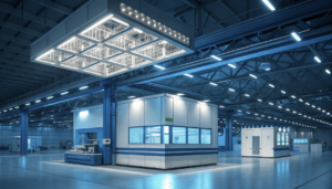 industrial facility showcasing modular led lighting system with adjustable beam angles illuminating various workstations
